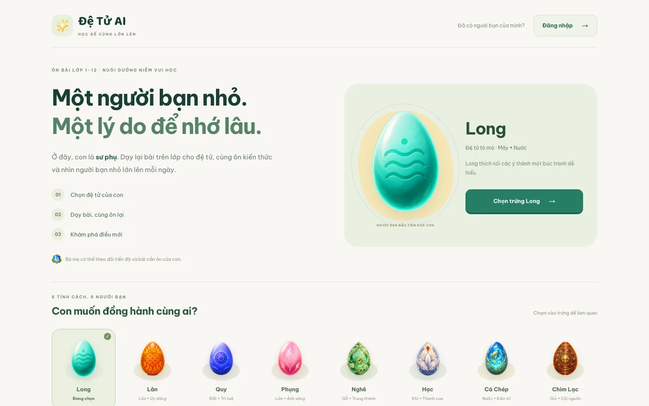 Giao diện Đệ Tử AI với nhân vật Long và các người bạn học tập.